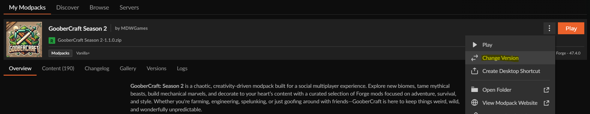 GooberCraft ModPack update menu showing kebab menu with Change Version option